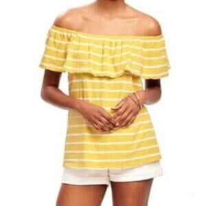 Old Navy Off the Shoulder Ruffle Top Yellow White Stripes Small Cotton